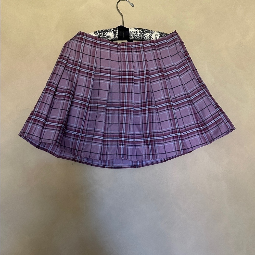 Purple Plaid Pleaded School Girl Mini Skirt Plum with Mock Belt Y2K . NWT - Picture 3 of 4